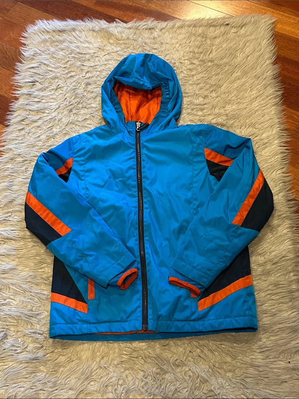 Lands End Kids Winter Polyester Blue & Orange Hooded Jacket